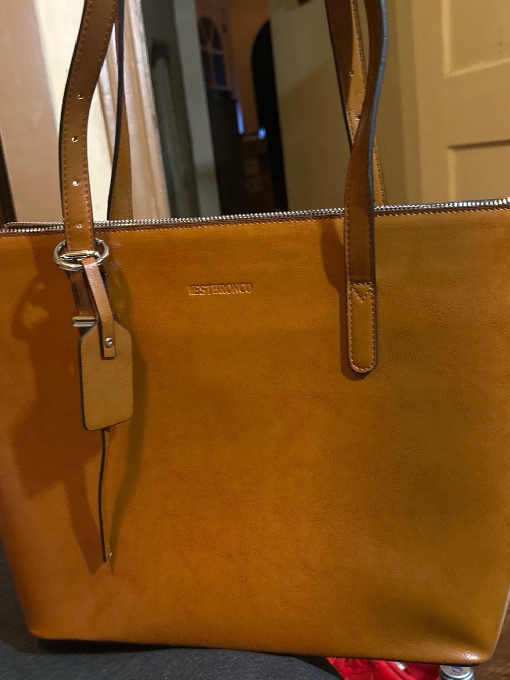 Westeronco Tan Leather Tote Bag with Zip Top
